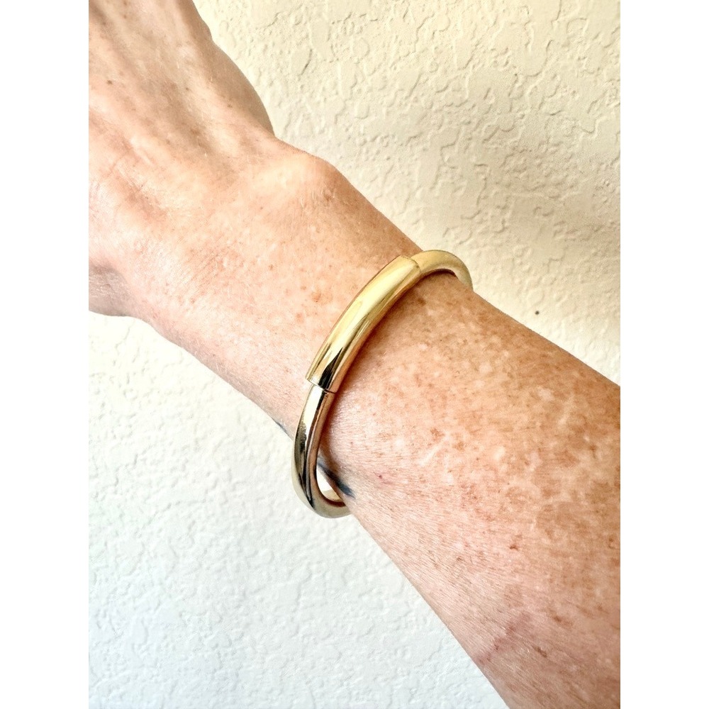 Gold Tone Hinged Bangle Bracelet Tubular Minimalist Stackable 7"